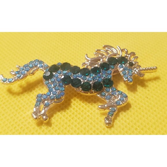 Gold-Tone Rhinestone Unicorn Brooch Pin With Green & Blue Crystals - Picture 1 of 4